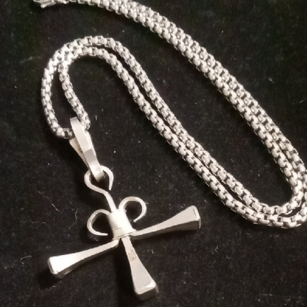 Stainless Steel Square Nails Cross Pendant Necklace. Chain 24 In Long